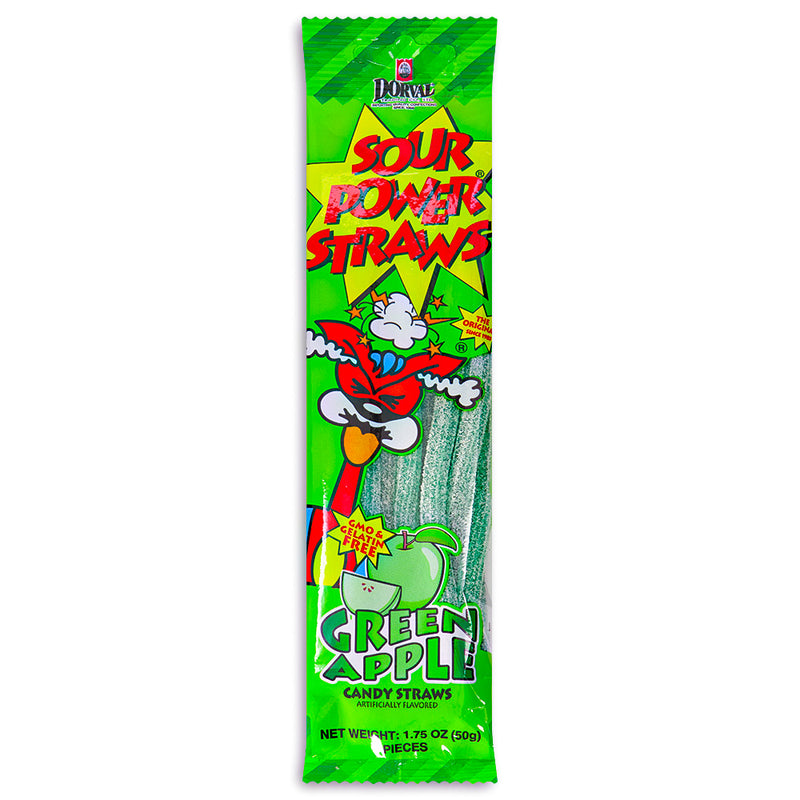 Sour Power Straws Green Apple 1.75oz Front - Sour Candies
