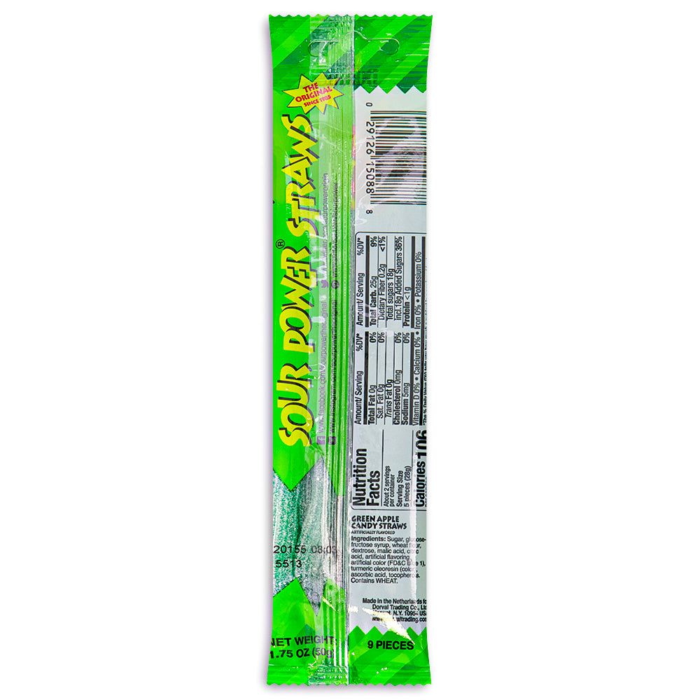 Sour Power Straws Green Apple 1.75oz Back - Sour Candies - Nutritional Facts - Ingredients