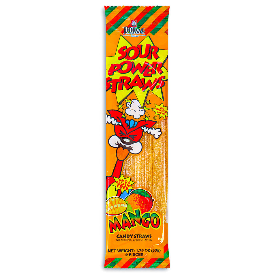 Sour Power Straws Mango 1.75oz Candy Front - Sour Candies