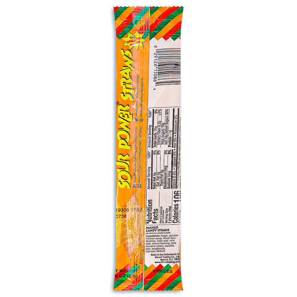 Sour Power Straws Mango 1.75oz -Sour Candies - Nutritional Facts - Ingredients