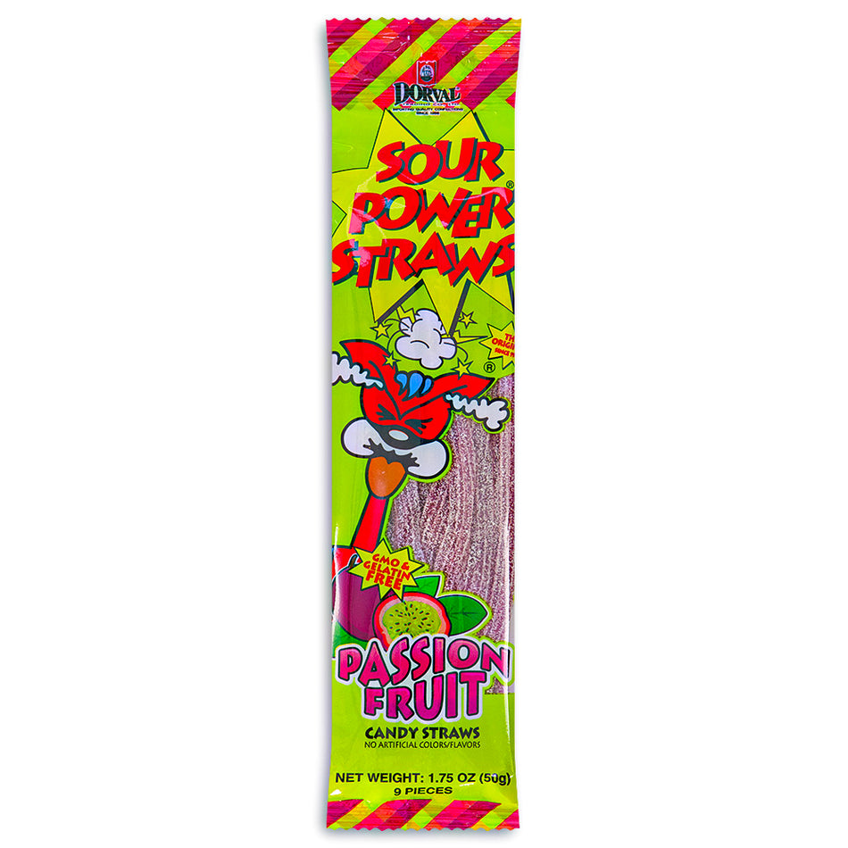 Sour Power Straws Passion Fruit 1.75oz Candy Front - Sour Candies