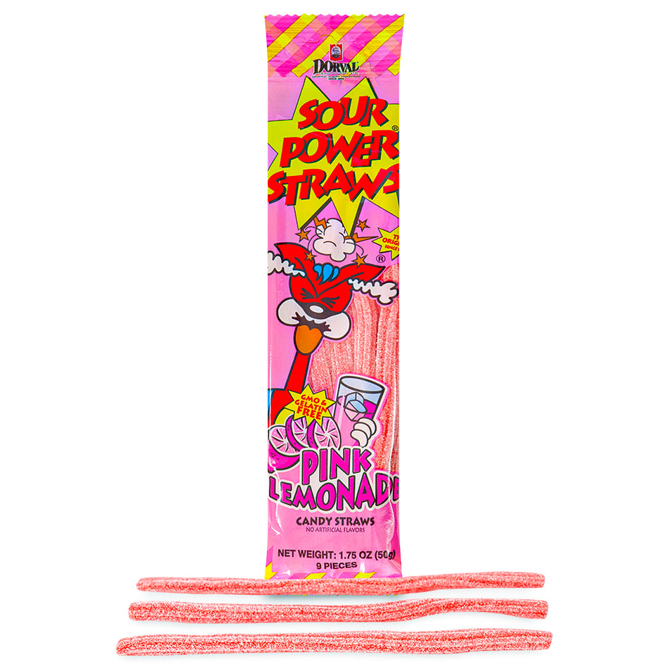 Sour Power Straws Pink Lemonade 1.75oz Candy Opened, sour straws, pink candy, pink straws