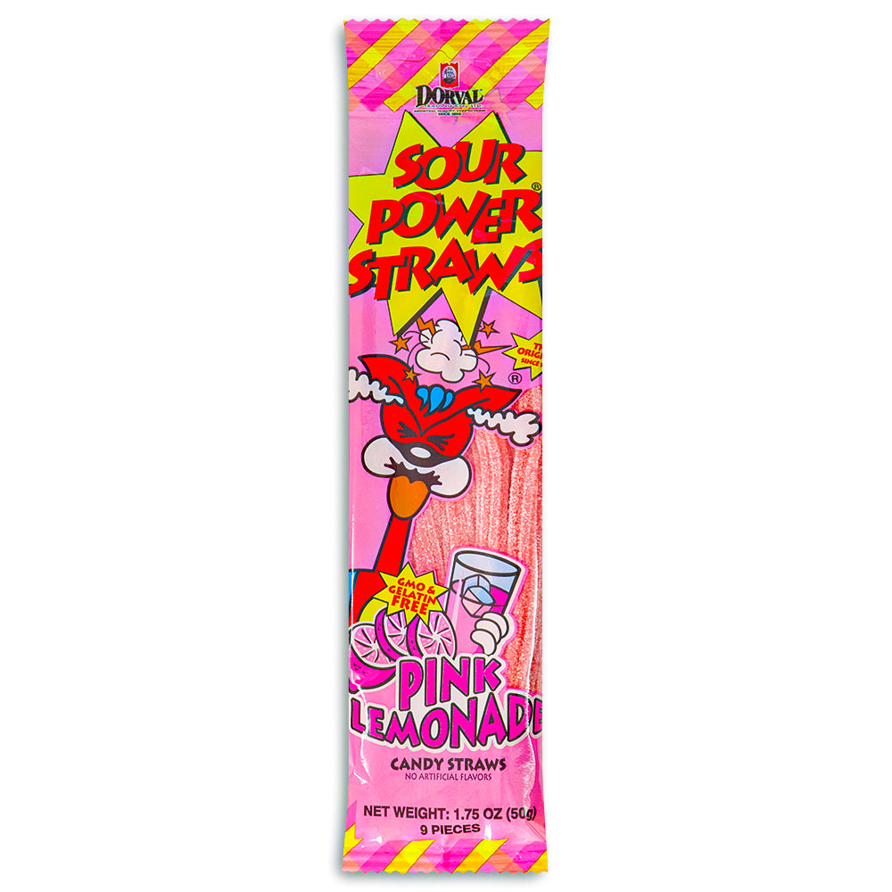 Sour Power Straws Pink Lemonade 1.75oz Candy Front, sour straws, pink candy, pink straws