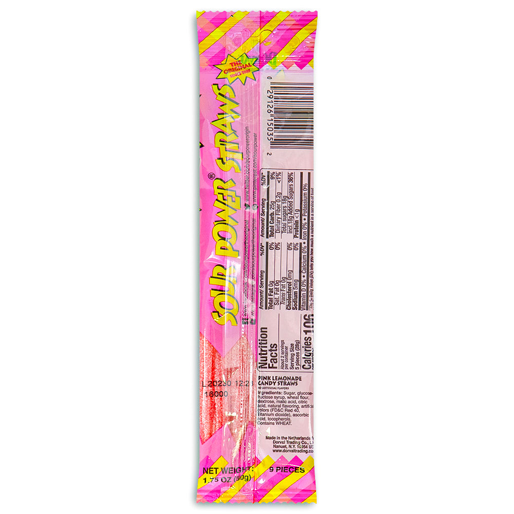 Sour Power Straws Pink Lemonade 1.75oz Candy Back, sour straws, pink candy, pink straws