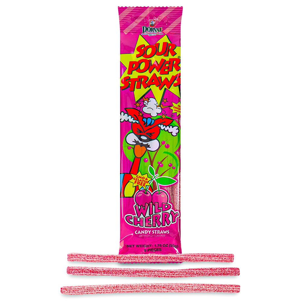 Sour Power Straws Wild Cherry Candy 1.75oz Opened - Feel the power of these sour candies!