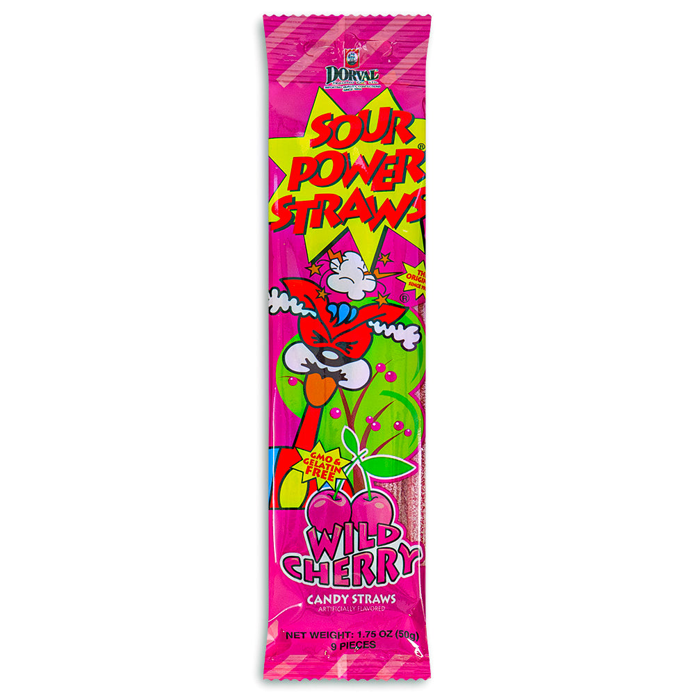 Sour Power Straws Wild Cherry Candy1.75oz Front - Feel the power of these sour candies!
