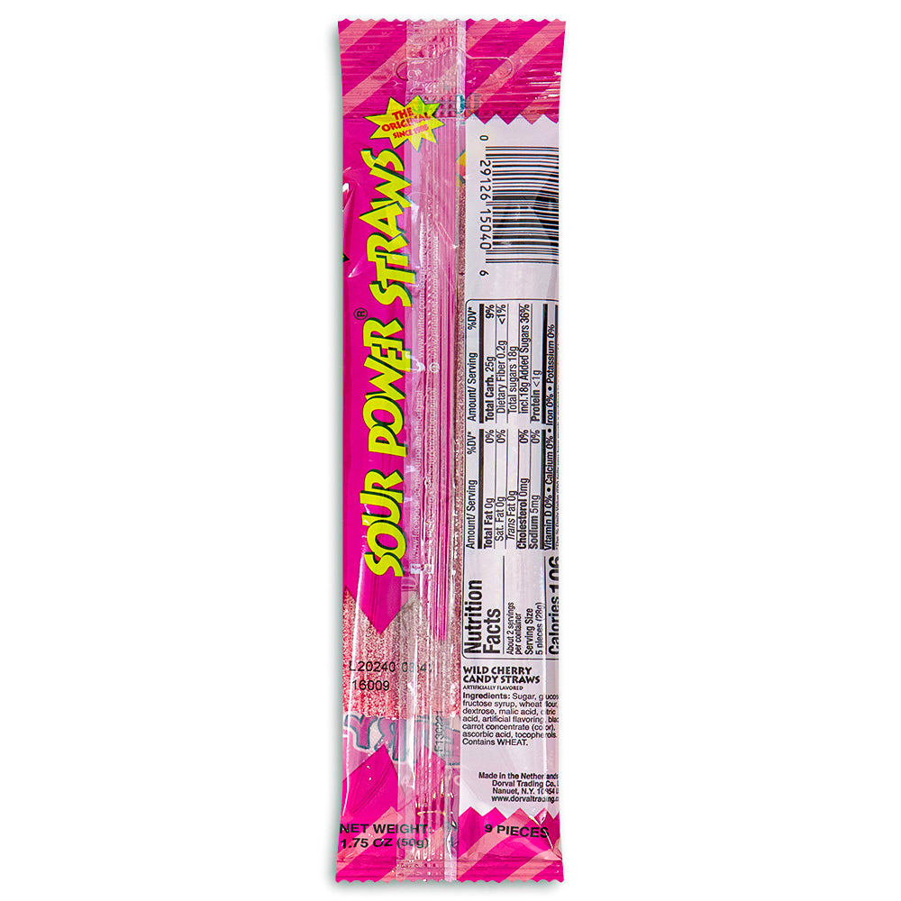 Sour Power Straws Wild Cherry 1.75oz Back - Feel the power of these sour candies! - Nutritional Facts - Ingredients