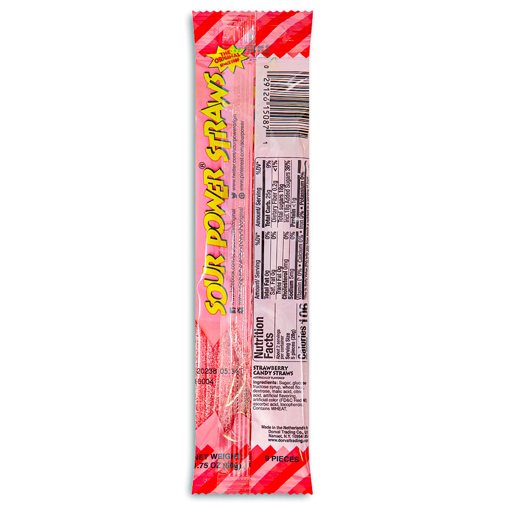 Sour Power Straws Strawberry 1.75oz Candy Back - Sour Candies - Nutritional Facts - Ingredients