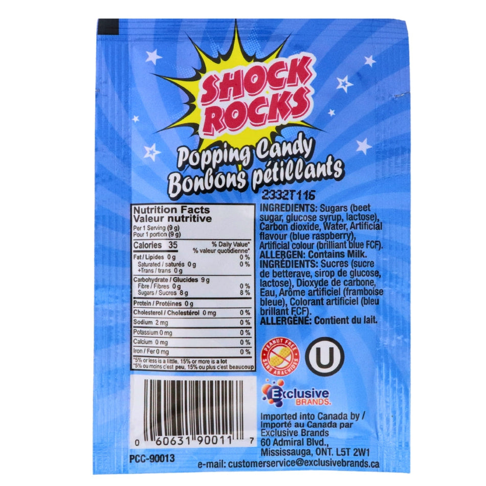 Shock Rocks Popping Candy Blue Raspberry 9g Back Ingredients Nutrition Facts, Shock Rocks Popping Candy Blue Raspberry, Berrylicious pop party, Fizzy, zesty, exploding with fun, Tiny crystals burst with vibrant blue raspberry flavor, Fizzy sensation, tingling taste buds, Flavor fireworks show, shock rocks, popping candy, blue raspberry candy