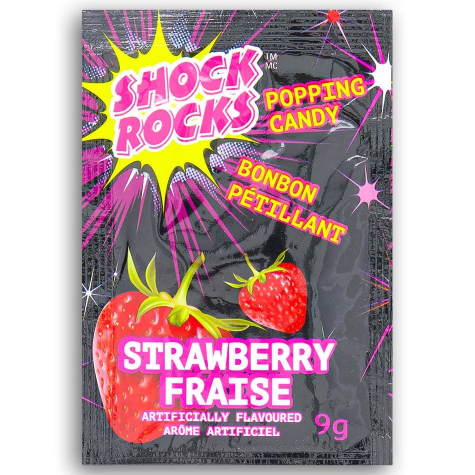 Shock Rocks Popping Candy Strawberry 9g Front, Shock Rocks Popping Candy Strawberry, Berrylicious pops of fun and flavor, Burst of fresh-picked strawberries, party for your taste buds, Mouthwatering magic, explosion of sweetness, Symphony of taste and texture, Zesty snack, treat to share with friends, Ultimate go-to for berrylicious fun, shock rocks, popping candy, strawberry candy, strawberry popping candy