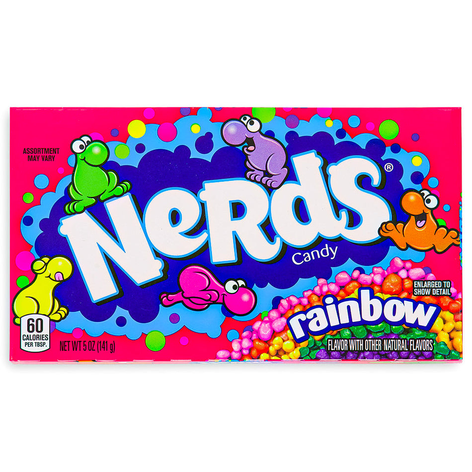 Nerds Candy Rainbow Theatre Pack 5 oz Front, Nerds Candy Rainbow Theatre Pack, rainbow of flavors, tangy candies, flavor fireworks, jokes, laughter, candy-themed comedy club, flavor adventure, candy enthusiast
