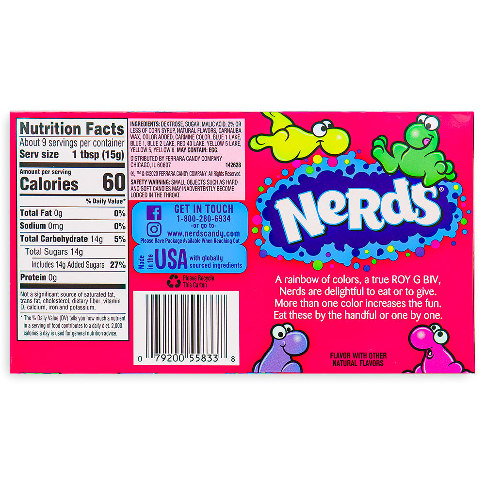 Nerds Candy Rainbow Theatre Pack 5 oz Back Ingredients, Nerds Candy Rainbow Theatre Pack, rainbow of flavors, tangy candies, flavor fireworks, jokes, laughter, candy-themed comedy club, flavor adventure, candy enthusiast