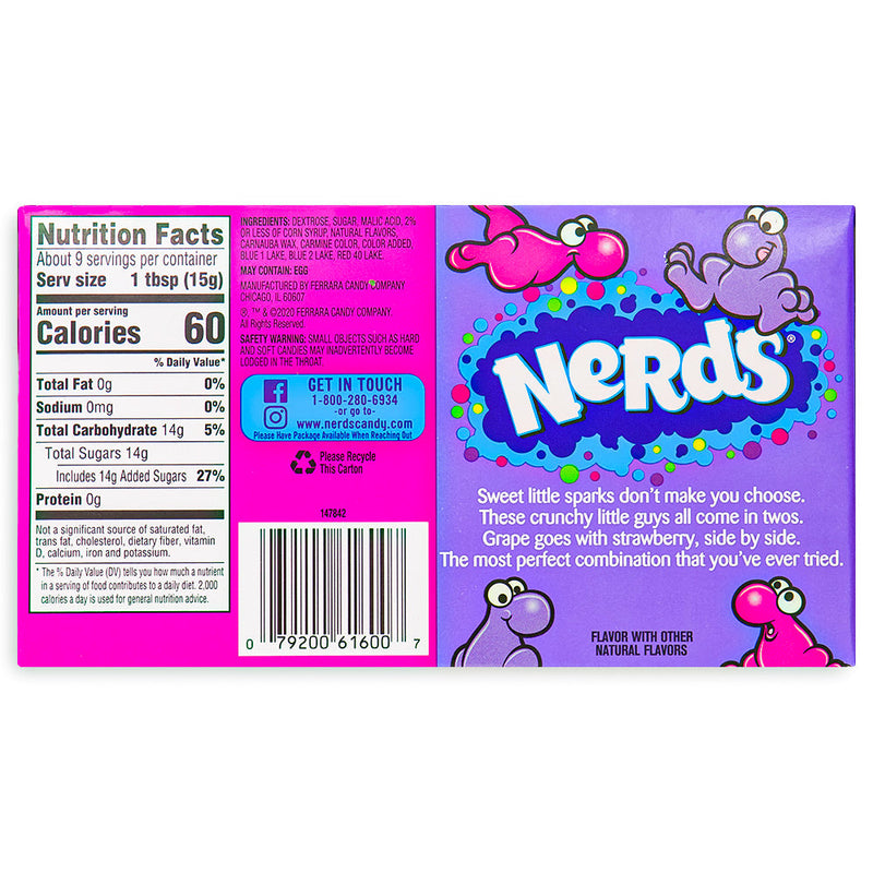 Nerds Candy Strawberry & Grape Theater Pack 5oz Back Ingredients Nutrition Facts, Nerds, nerds candy, strawberry candy, grape candy