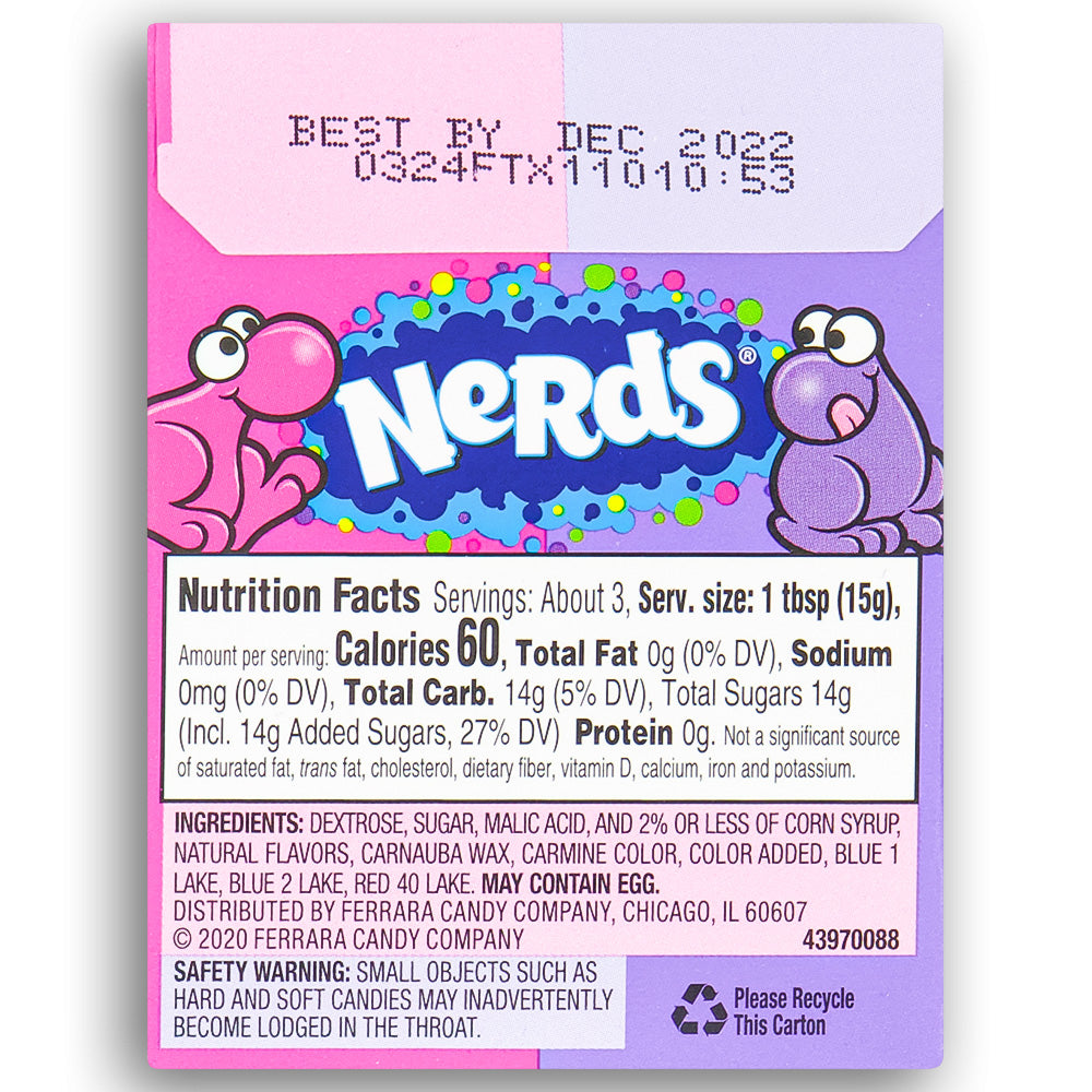 Nerds Candy Grape & Strawberry 1.65 oz Back - Wonka Candy - 1980s Candy - Nutrition Facts - Ingredients