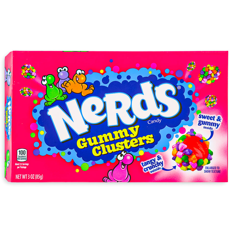 Nerds Gummy Clusters Theater Box 3oz Front, gummy clusters, nerds gummy clusters, gummy candy, hard candy, nerds candy, sweet candy, sweet and hard candy