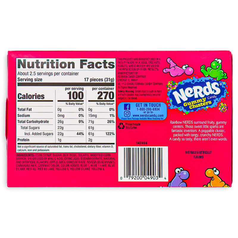 Nerds Gummy Clusters Theater Box 3oz Back, gummy clusters, nerds gummy clusters, gummy candy, hard candy, nerds candy, sweet candy, sweet and hard candy
