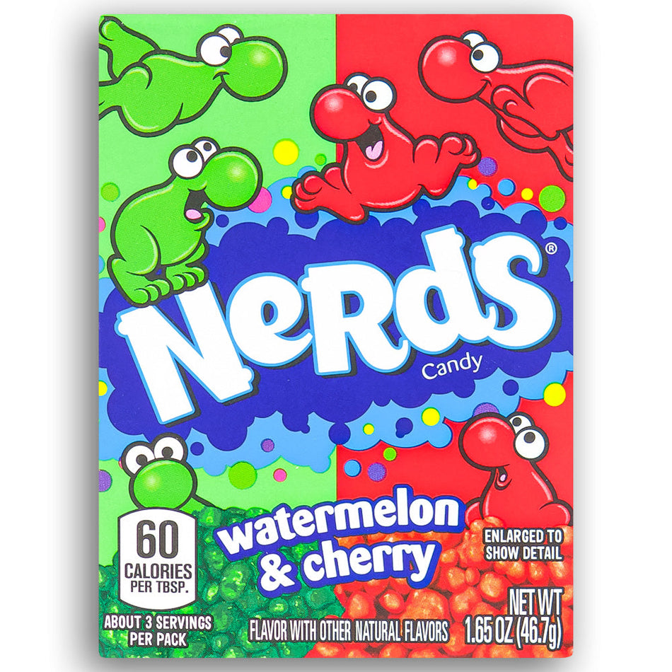 Nerds Candy Watermelon & Cherry 1.65 oz. Front, Nerds Candy Watermelon & Cherry, watermelon and cherry flavors, tangy, fruity, flavor party, jokes, chuckles, candy-lover, whimsy, snacking, sweet escape.