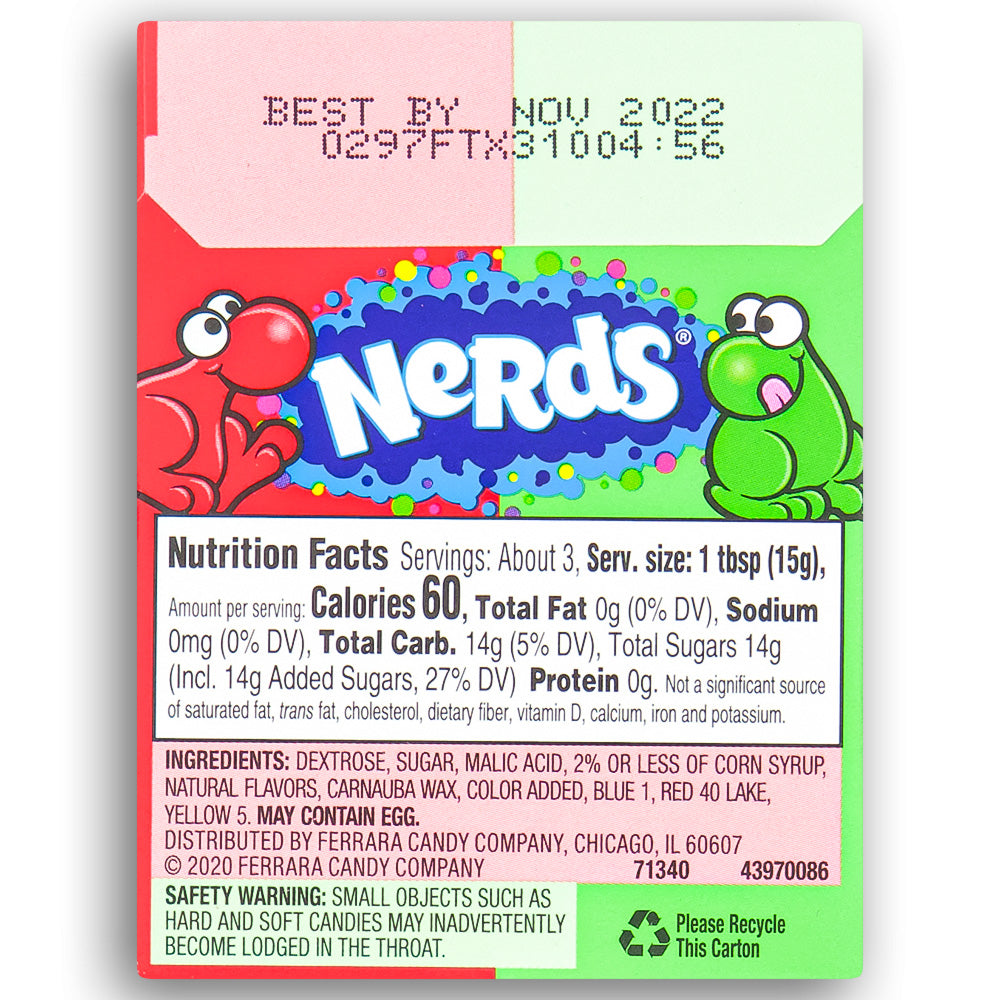 Nerds Candy Watermelon & Cherry 1.65 oz. Back Ingredients Nutrition Facts, Nerds Candy Watermelon & Cherry, watermelon and cherry flavors, tangy, fruity, flavor party, jokes, chuckles, candy-lover, whimsy, snacking, sweet escape.