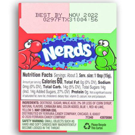 Nerds Candy Watermelon & Cherry 1.65 oz. Back Ingredients Nutrition Facts, Nerds Candy Watermelon & Cherry, watermelon and cherry flavors, tangy, fruity, flavor party, jokes, chuckles, candy-lover, whimsy, snacking, sweet escape.