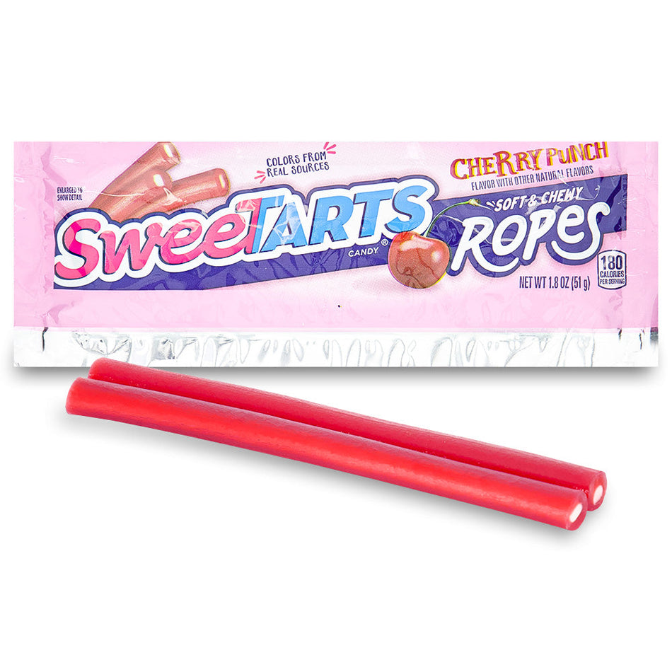Sweetarts Ropes Cherry Punch 1.8oz Open, Sweetarts Ropes Cherry Punch, chewy ropes, cherry punch flavor, tangy and sweet, rollercoaster ride, surprise jokes, comedy show, zesty flavor, candy break, laugh break