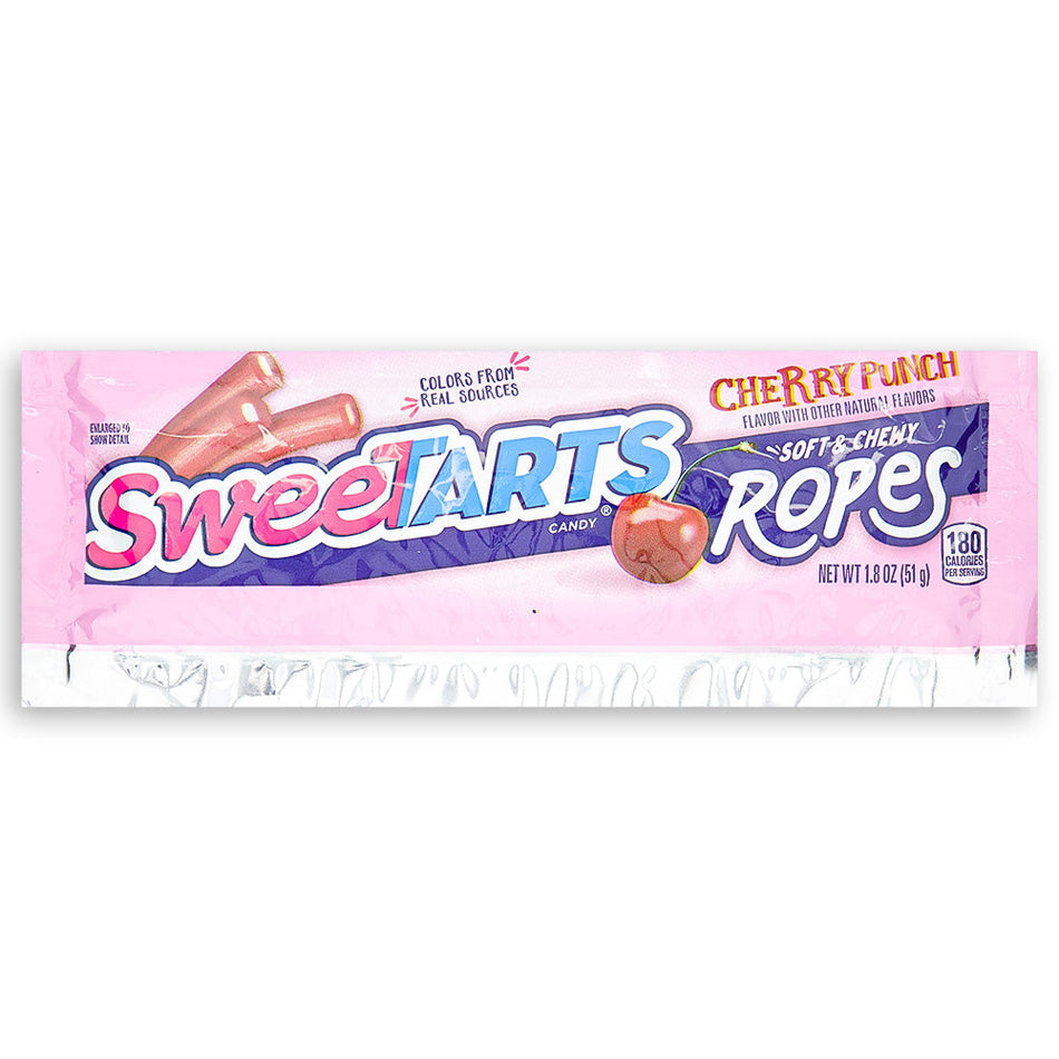 Sweetarts Ropes Cherry Punch 1.8oz Front, Sweetarts Ropes Cherry Punch, chewy ropes, cherry punch flavor, tangy and sweet, rollercoaster ride, surprise jokes, comedy show, zesty flavor, candy break, laugh break
