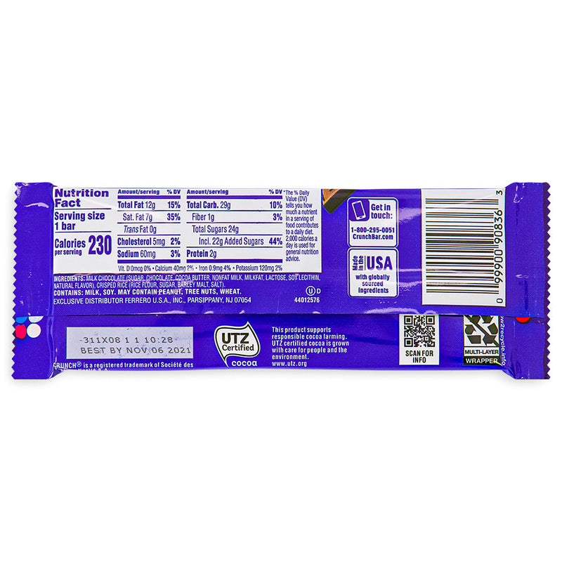 Crunch Bar 1.55 oz. Back, Crunch Bar, Taste sensation for chocolate enthusiasts, Crispy, creamy, and chocolatey goodness, crispy rice, velvety milk chocolate, Candy heaven in every bite, Movie night, midday snack, or treat-on-the-go, crunch chocolate bar