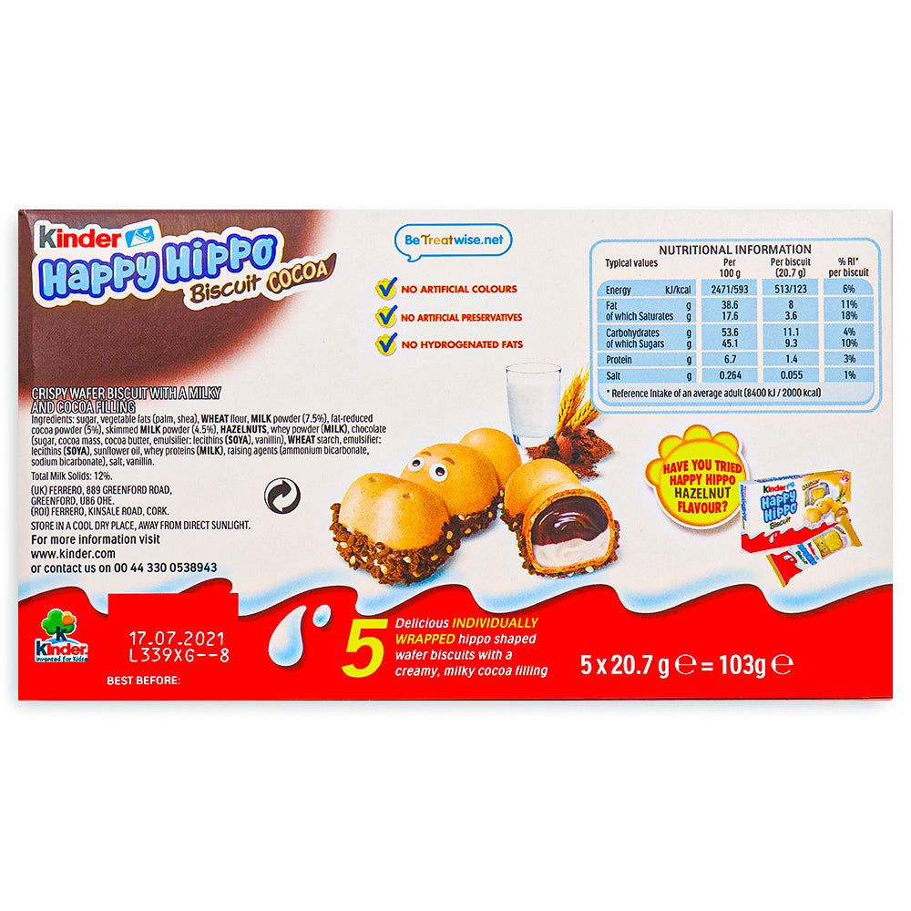 Kinder Happy Hippo Cocoa Cream Biscuits 5 PACK 103.5g Back, Kinder Chocolate, Creamy Kinder, Kinder Hippos, Kinder, Best Kinder Chocolate