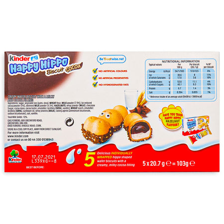 Kinder Happy Hippo Cocoa Cream Biscuits 5 PACK 103.5g Back, Kinder Chocolate, Creamy Kinder, Kinder Hippos, Kinder, Best Kinder Chocolate
