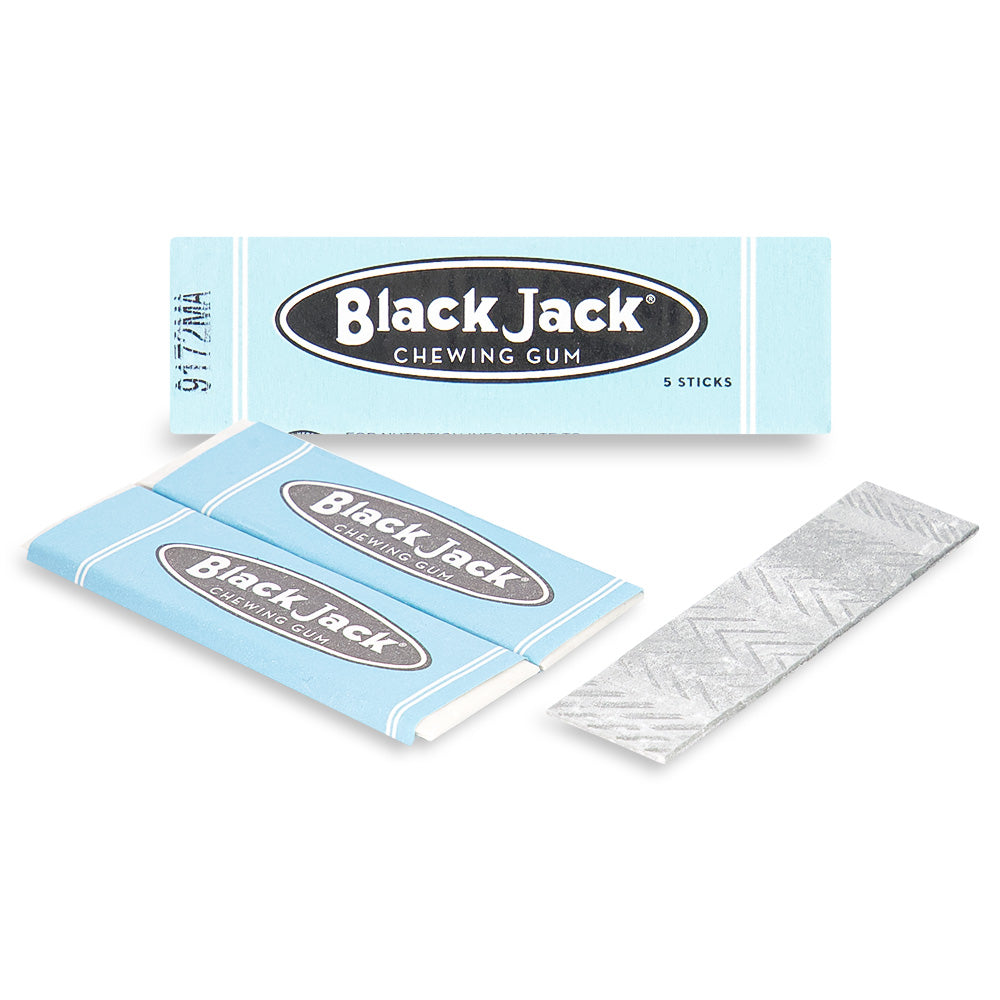 Black Jack Chewing Gum (5 Sticks) Opened, retro candy, retro gum, black jam chewing gum, black jack gum, stick gum
