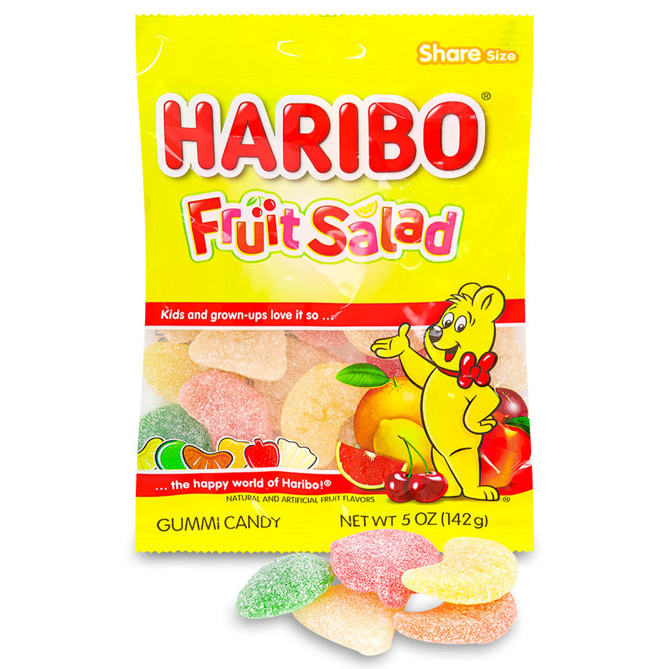Haribo Fruit Salad Gummy Candy 5 oz. Open, Haribo Fruit Salad, gummy candies, fruity fiesta, vibrant fruit flavors, zesty citrus, sweet berries, chewy texture, fruity delight, taste the fun