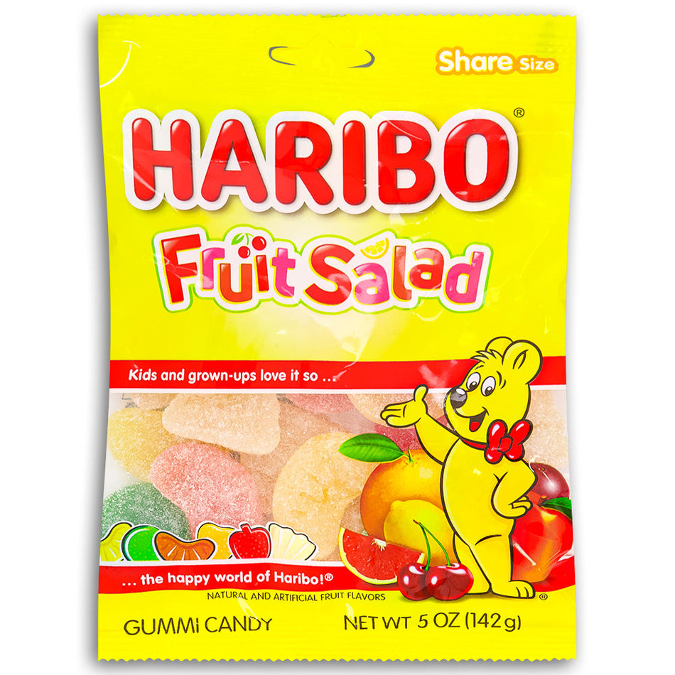 Haribo Fruit Salad Gummy Candy 5 oz.  Front, Haribo Fruit Salad, gummy candies, fruity fiesta, vibrant fruit flavors, zesty citrus, sweet berries, chewy texture, fruity delight, taste the fun