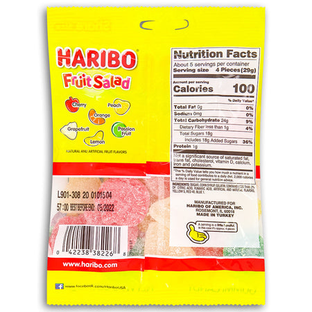 Haribo Fruit Salad Gummy Candy 5 oz. Back Ingredients Nutrition Facts, Haribo Fruit Salad, gummy candies, fruity fiesta, vibrant fruit flavors, zesty citrus, sweet berries, chewy texture, fruity delight, taste the fun