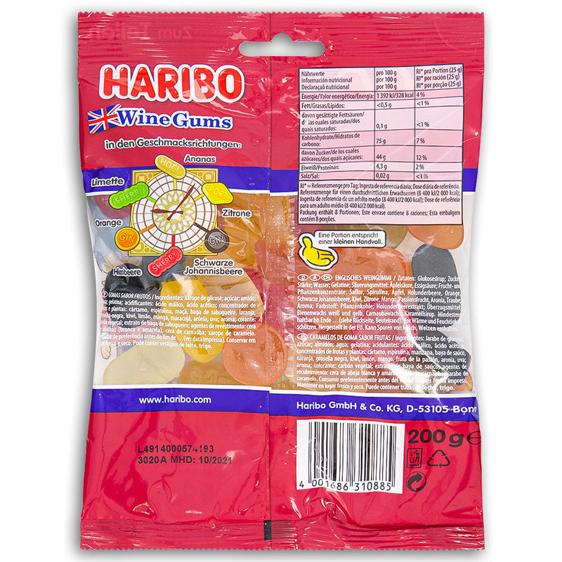 Haribo Wine Gums - 200 g Nutrition Facts Ingredients, Haribo Wine Gums, wine gum candy, fruity flavors, flavor fiesta, chewy candy, candy celebration, haribo, haribo gummy, haribo gummies, german candy, sour gummy, sour gummies, german gummies, gummies, gummy candy, best gummies