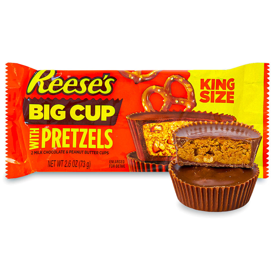 Reeses Big Cup Stuffed with Pretzel King Size 2.6oz Open, Reese's Big Cup, Stuffed with Pretzel, King Size, Whimsical Flavors, Peanut Butter Delight, Milk Chocolate Bliss, Salty Pretzel Crunch, Taste Adventure, Delicious Combination, Sweet and Salty Magic, reeses peanut butter cups, reeses chocolate, reeses cups, reeses peanut cups
