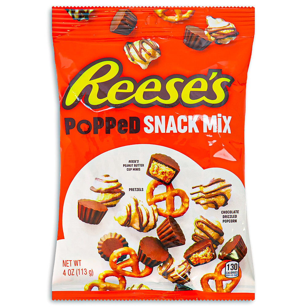 Reese's Popped Snack Mix - 4oz Front, Reese's Popped Snack Mix, Nutty and Crunchy, Chocolatey Adventure, Reese's Mini Peanut Butter Cups, Reese's Pieces Mix, Mini Pretzels, Flavor Explosion, Snack Time Delight, Road Trip Snacks, Netflix Binging Snacks, reeses peanut butter cups, reeses chocolate, reeses cups, reeses peanut cups