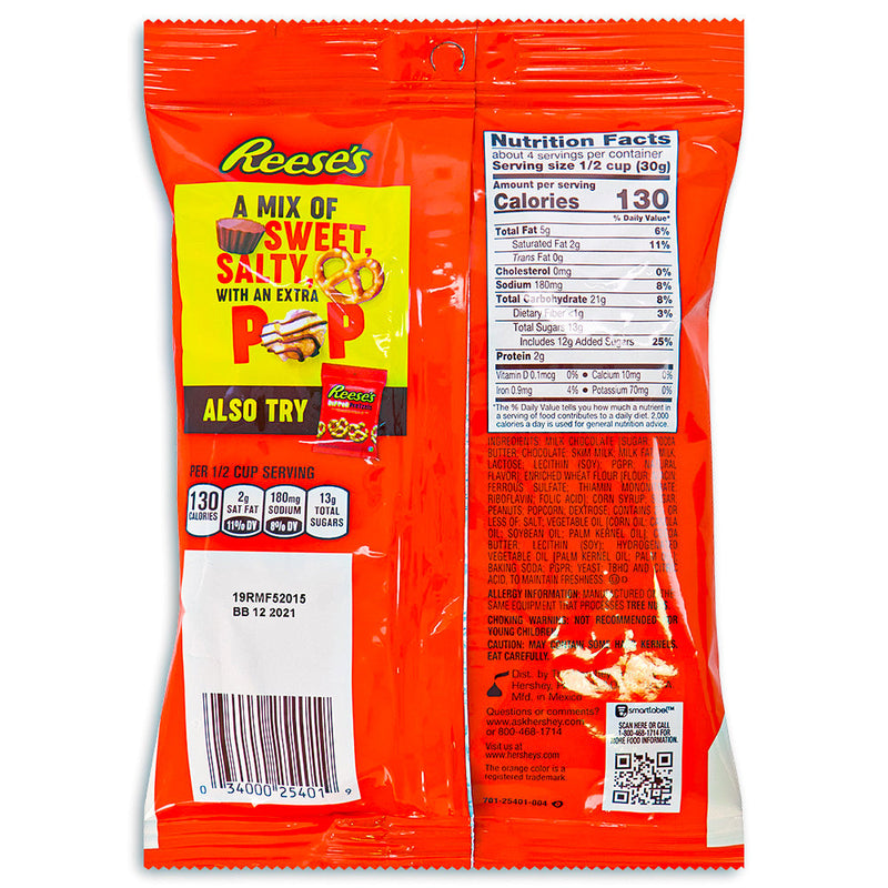 Reese's Popped Snack Mix - 4oz Back Ingredients Nutrition Facts, Reese's Popped Snack Mix, Nutty and Crunchy, Chocolatey Adventure, Reese's Mini Peanut Butter Cups, Reese's Pieces Mix, Mini Pretzels, Flavor Explosion, Snack Time Delight, Road Trip Snacks, Netflix Binging Snacks, reeses peanut butter cups, reeses chocolate, reeses cups, reeses peanut cups