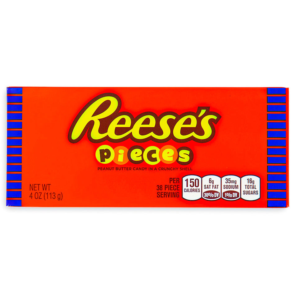 Reese's Pieces Theater Pack 4oz front, Reese's Pieces Theater Pack, Movie Night Snacks, Popcorn Companion, Cinematic Crunch, Peanut Butter Center, Bite-Sized Joy, Movie Magic, Sweet and Salty, Whimsical Adventure, Star of the Show, reeses peanut butter cups, reeses chocolate, reeses cups, reeses peanut cups