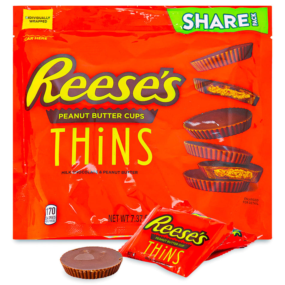 Reese's Thins Milk Chocolate 7.37oz Open, Reese's Thins, Milk Chocolate, Creamy Peanut Butter, Bite-Sized, Snacking Heaven, Pocket-Sized, Thin-sperience, Delightful Morsels, Big Flavor, Reese's Happiness, reeses peanut butter cups, reeses chocolate, reeses cups, reeses peanut cups