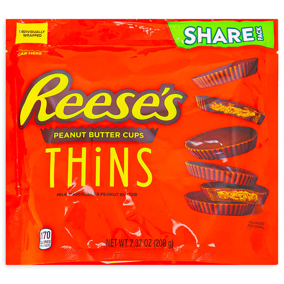 Reese's Thins Milk Chocolate 7.37oz Front, Reese's Thins, Milk Chocolate, Creamy Peanut Butter, Bite-Sized, Snacking Heaven, Pocket-Sized, Thin-sperience, Delightful Morsels, Big Flavor, Reese's Happiness, reeses peanut butter cups, reeses chocolate, reeses cups, reeses peanut cups