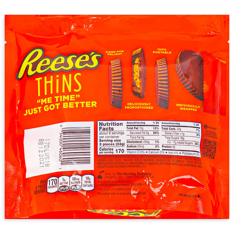 Reese's Thins Milk Chocolate 7.37oz Back Ingredients Nutrition Facts, Reese's Thins, Milk Chocolate, Creamy Peanut Butter, Bite-Sized, Snacking Heaven, Pocket-Sized, Thin-sperience, Delightful Morsels, Big Flavor, Reese's Happiness, reeses peanut butter cups, reeses chocolate, reeses cups, reeses peanut cups