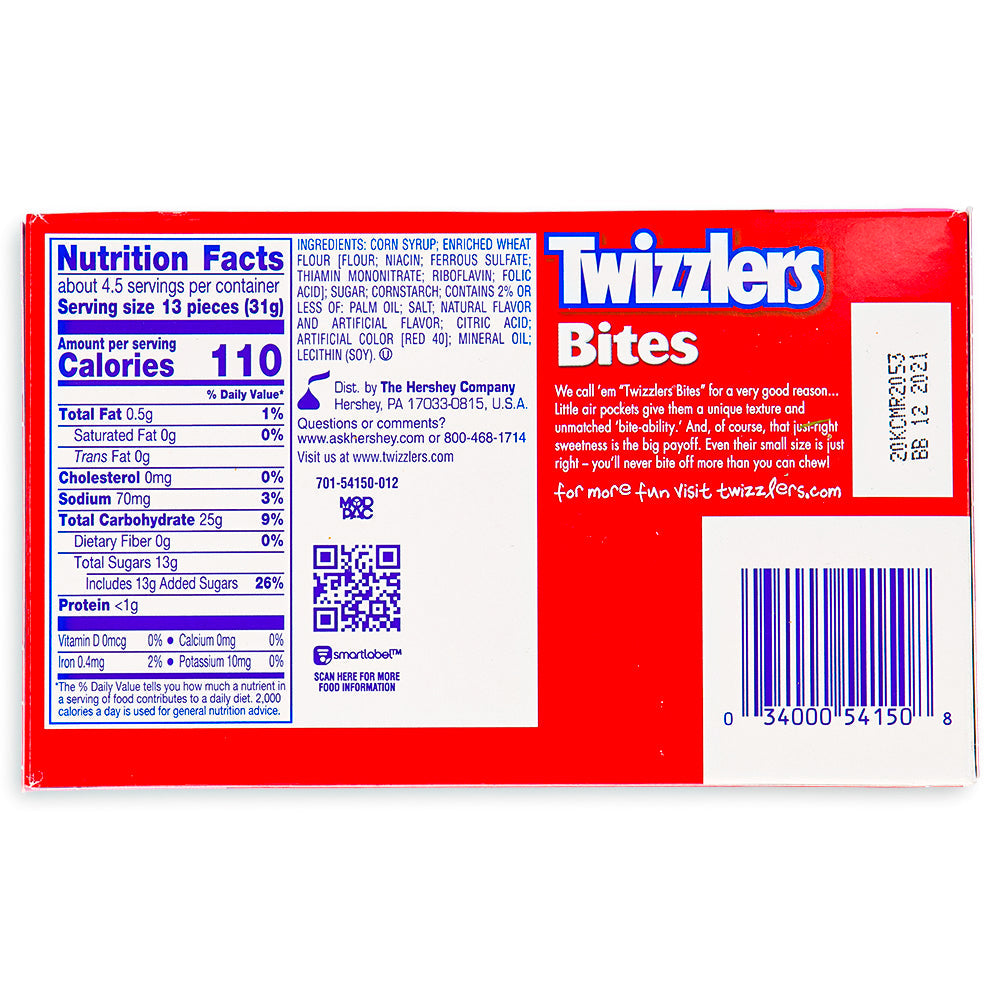 Twizzlers Bites Cherry Theater Pack 5oz Back Ingredients Nutrition Facts, Twizzlers Bites Cherry Theater Pack, Cherrylicious Adventure, Sweet and Tangy Flavor, Bite-Sized Wonders, Chewy and Twisted Fun, Movie Snack, Twist of Joy, Share with Friends, Cherrylicious Fun, Endless Delight, twizzler, twizzlers, twizzlers licorice, twizzler licorice, twizzlers candy, twizzler candy