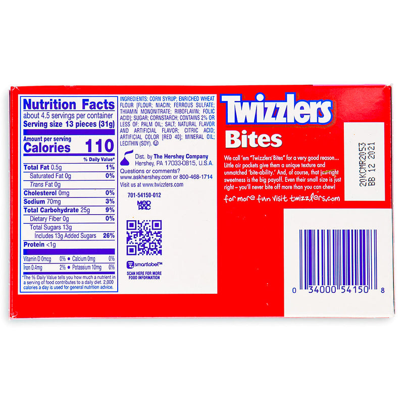 Twizzlers Bites Cherry Theater Pack 5oz Back Ingredients Nutrition Facts, Twizzlers Bites Cherry Theater Pack, Cherrylicious Adventure, Sweet and Tangy Flavor, Bite-Sized Wonders, Chewy and Twisted Fun, Movie Snack, Twist of Joy, Share with Friends, Cherrylicious Fun, Endless Delight, twizzler, twizzlers, twizzlers licorice, twizzler licorice, twizzlers candy, twizzler candy