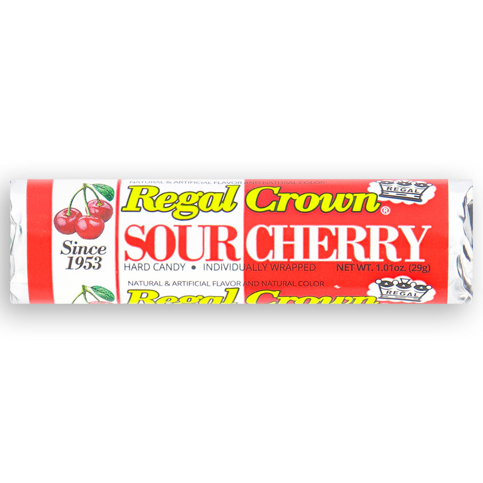 Regal Crown Sour Cherry Candy Rolls 29g Front - Sour Candies from the 60s