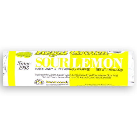Regal Crown Sour Lemon Candy Rolls 29g Back - Sour Candies from the 1960s - Ingredients