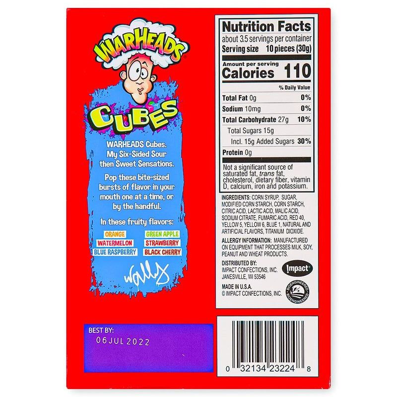 WarHeads Sour Chewy Cubes Theatre Pack 4oz Back ingredients nutrition facts, WarHeads Sour Chewy Cubes, Sour Candy Theater, Bite-Sized Sour Delights, Mouth-Puckering Sourness, Fruity Sweet Burst, Candy Spectacle, Whimsical Taste Sensation, Front-Row Flavor, Sweet and Sour Candy, Candy Theater Pack, warheads, warheads candy, warheads sour candy, sour candy