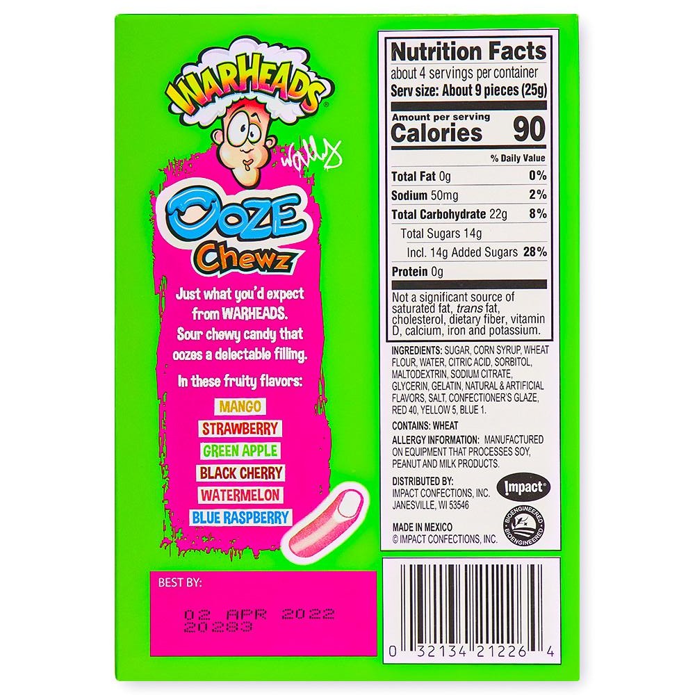 Warheads Ooze Chewz Theater Box 3.5oz Back Ingredients Nutrition Facts, Warheads Ooze Chewz, Sour Candy Delight, Chewy Fruit Candies, Tongue-Tingling Sourness, Flavor-Packed Treats, Fruity Ooze, Whimsical Flavor Adventure, Taste Bud Rollercoaster, Bite-Sized Candies, Sour and Sweet Combo, warheads, warheads candy, warheads sour candy, sour candy