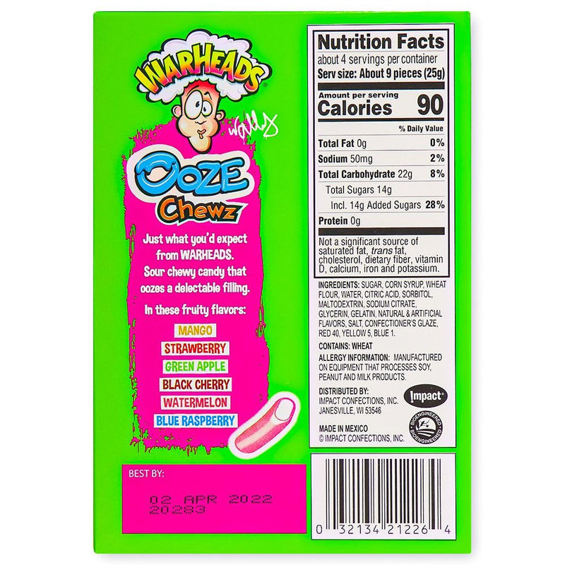 Warheads Ooze Chewz Theater Box 3.5oz Back Ingredients Nutrition Facts, Warheads Ooze Chewz, Sour Candy Delight, Chewy Fruit Candies, Tongue-Tingling Sourness, Flavor-Packed Treats, Fruity Ooze, Whimsical Flavor Adventure, Taste Bud Rollercoaster, Bite-Sized Candies, Sour and Sweet Combo, warheads, warheads candy, warheads sour candy, sour candy