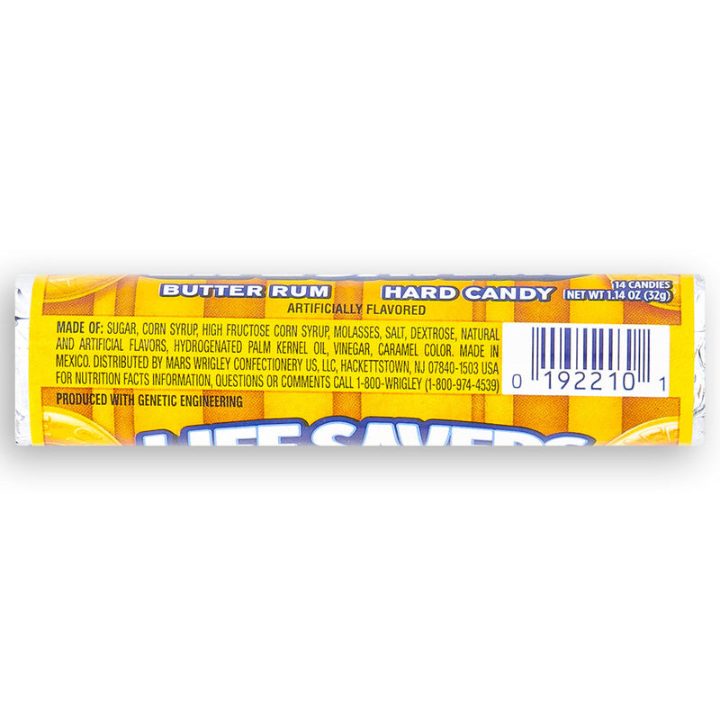 Butter Rum LifeSavers 1.14oz Back Ingredients Nutrition Facts, Lifesavers, lifesavers candy, butter rum lifesavers, sweet and salty candy, hard candy