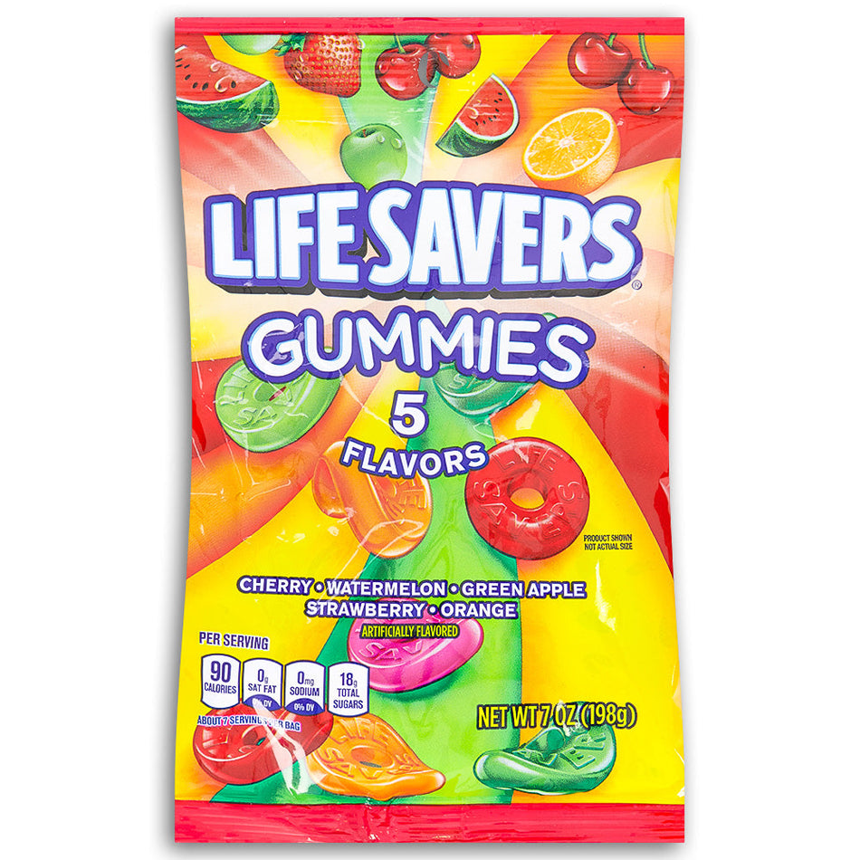 Lifesavers Gummies 5 Flavors 180g Front, Lifesavers, lifesavers candy, lifesaver gummies, cherry candy, watermelon candy, green apple candy, strawberry candy, orange candy