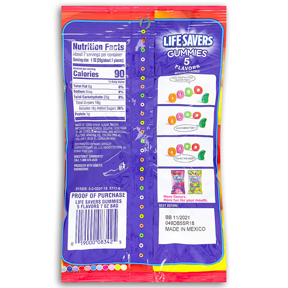Lifesavers Gummies 5 Flavors 180g Nutrition Facts Ingredients, Lifesavers, lifesavers candy, lifesaver gummies, cherry candy, watermelon candy, green apple candy, strawberry candy, orange candy